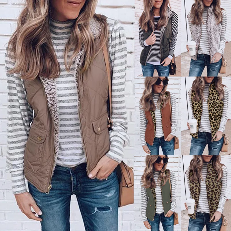 

2021 autumn/winter new fashion zipper solid/LEOPARD PRINT two-sided outwear available pocket women's top vest Outerwear & Coats
