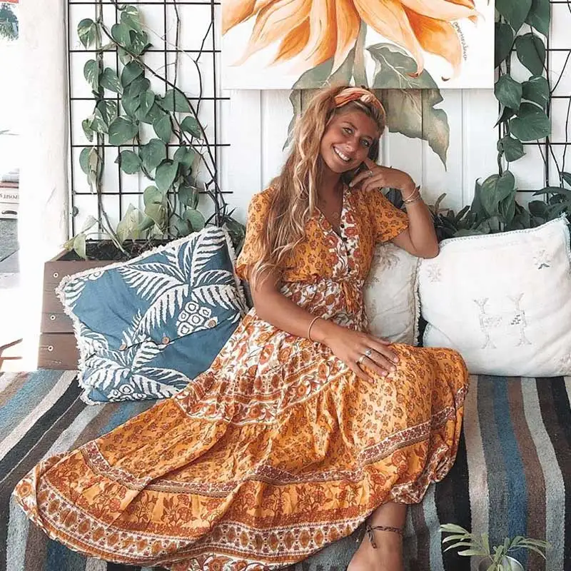 Богемный Вдохновленный желтым цветочным принтом длинное платье Бохо на