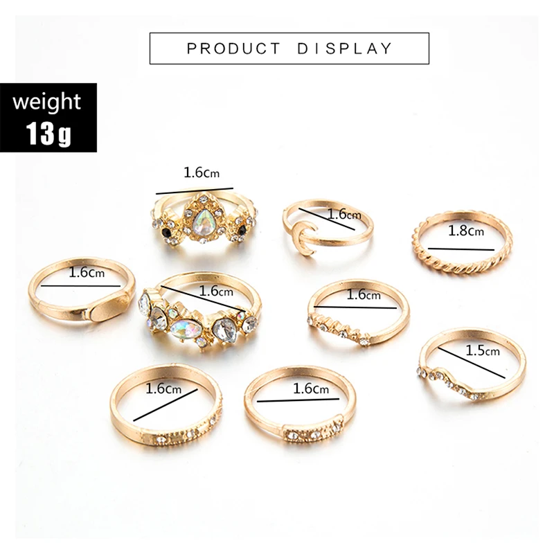 9 шт./компл. набор золотых колец в форме Луны с кристаллами V для женщин турецкое