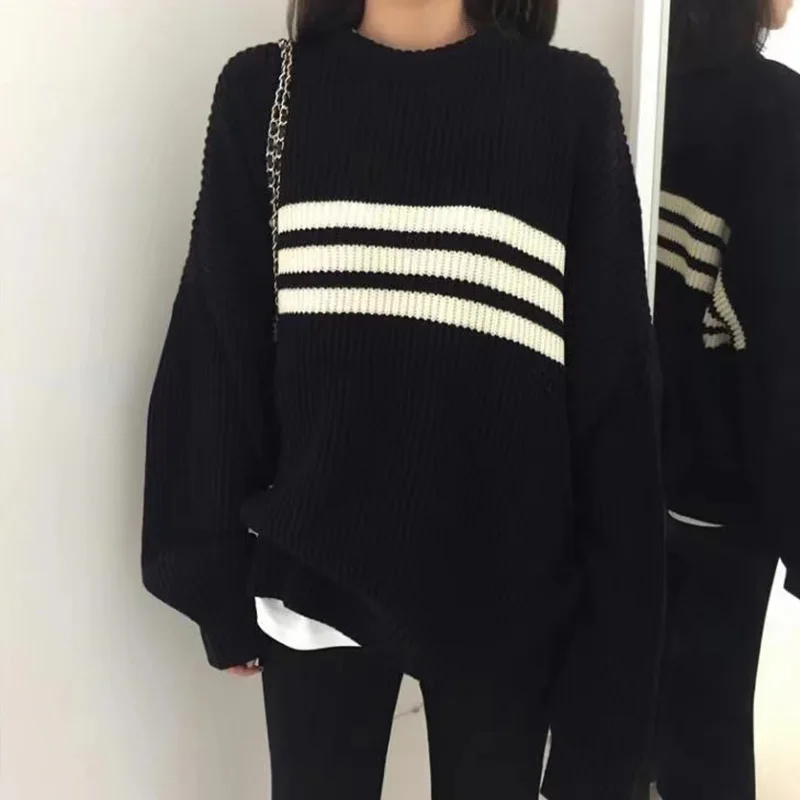 Осенне-зимний новый свободный кашемировый свитер в полоску European station черный