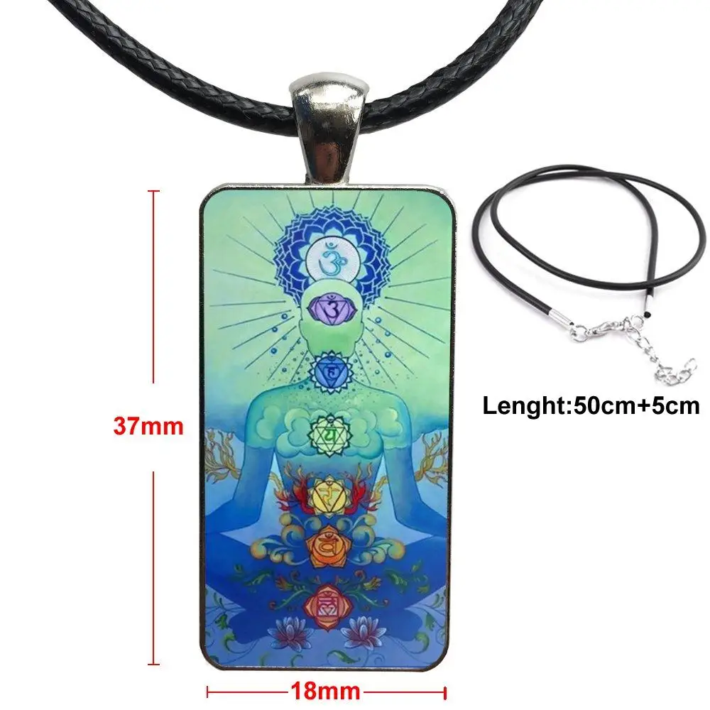 

Chakra Yoga Fashion Glass Cabochon Pendant Necklace With Women Steel Plated Statement Jewelry For Girls Gift
