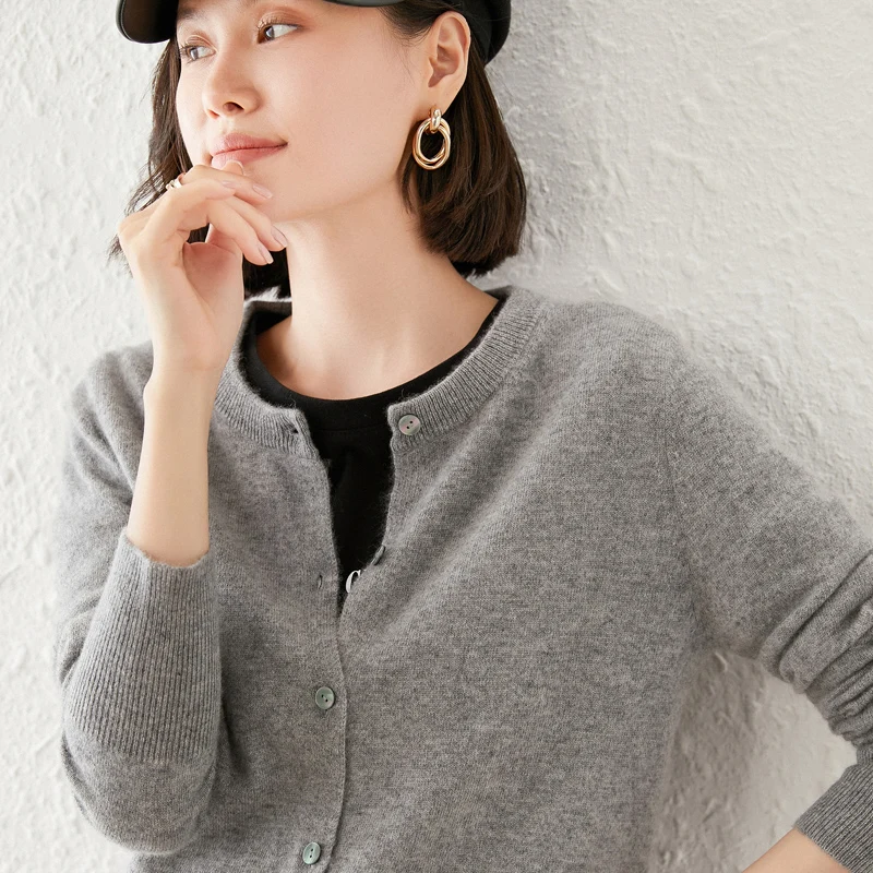 Женский кардиган из 100% чистой шерсти трикотажная рубашка пальто с круглым