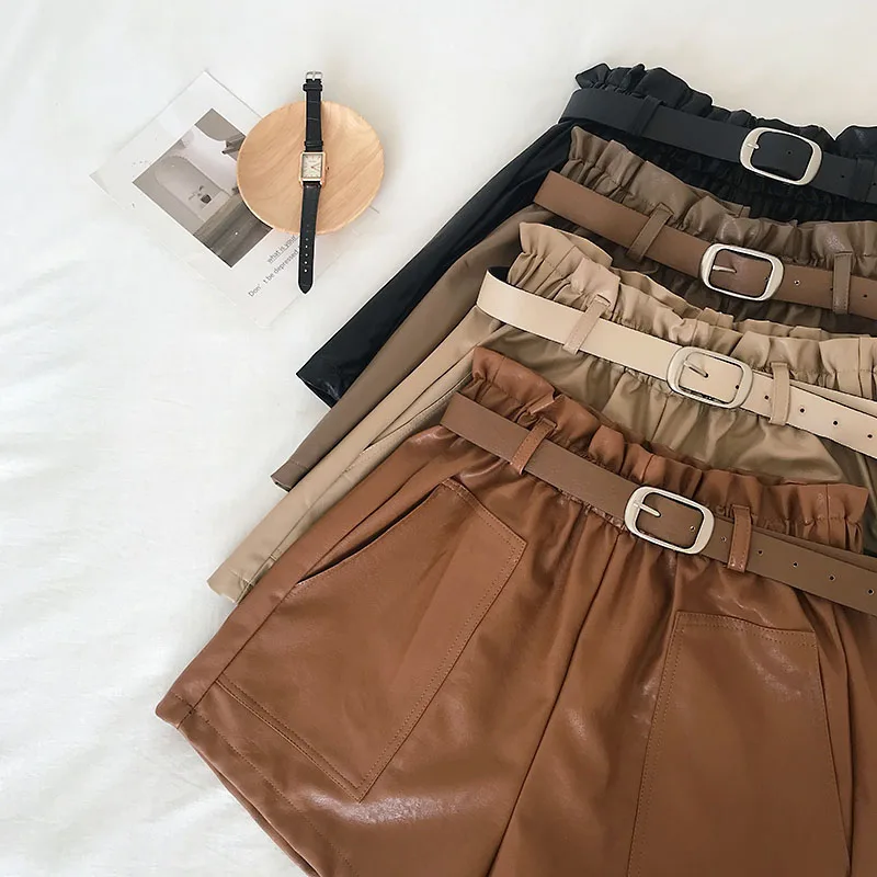 

Women Shorts Fashion Sashes Paperbag Leather With Belt Front Pocket Fall Winter Faux Leather Wide Leg High Waist Shorts Pants