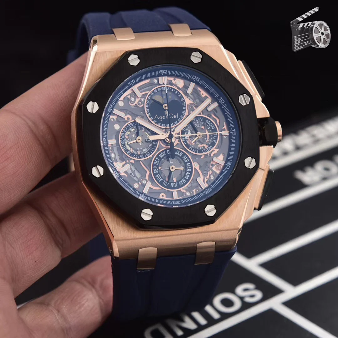 

Luxury New Quartz Chronograph Men GMT Watch Stopwatch Sapphire Stainless Steel Watches Rose Gold Black Rubber Limited AAA+