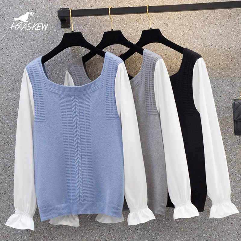 

Knitted Sweater Women 2021 Autumn Fashion Plus Size Women's Square Collar Loose Casual Long-Sleeved Stitching Women's Pullover