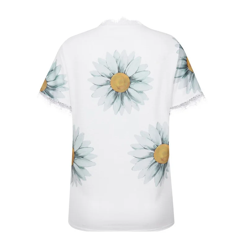 

2021 Summer Printed Lace Women's T-shirt White V-neck Female T-shirts Solid Fashion Streetwear Ladies Top
