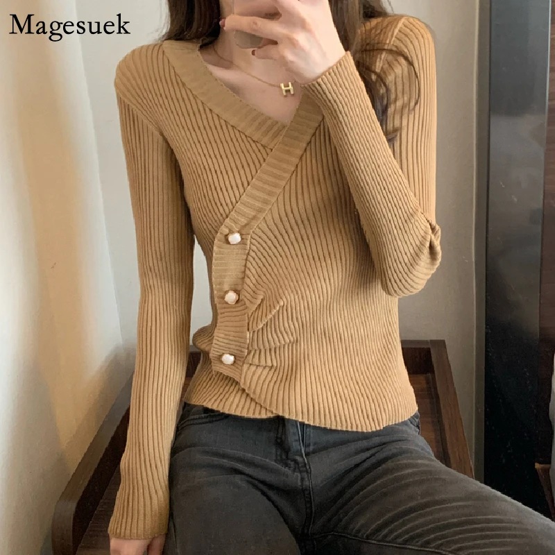 

Long Sleeve Knitted Sweater Women Cross Autumn Winter New Solid Pullover Sweater Fashion Korean V-neck Sweaters Pull Femme 17458