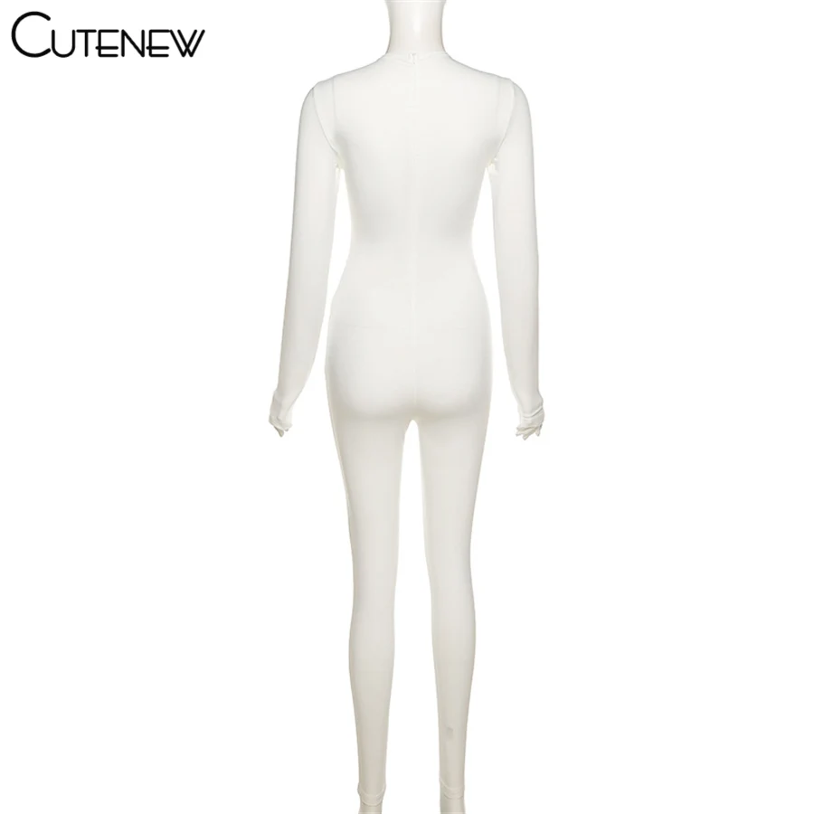 

Cutenew Solid Sexy Hollow Criss Cross Neck Skinny Jumpsuit Women Classic Casual Stretch Body-Shaping Long Sleeve Lady Streetwear