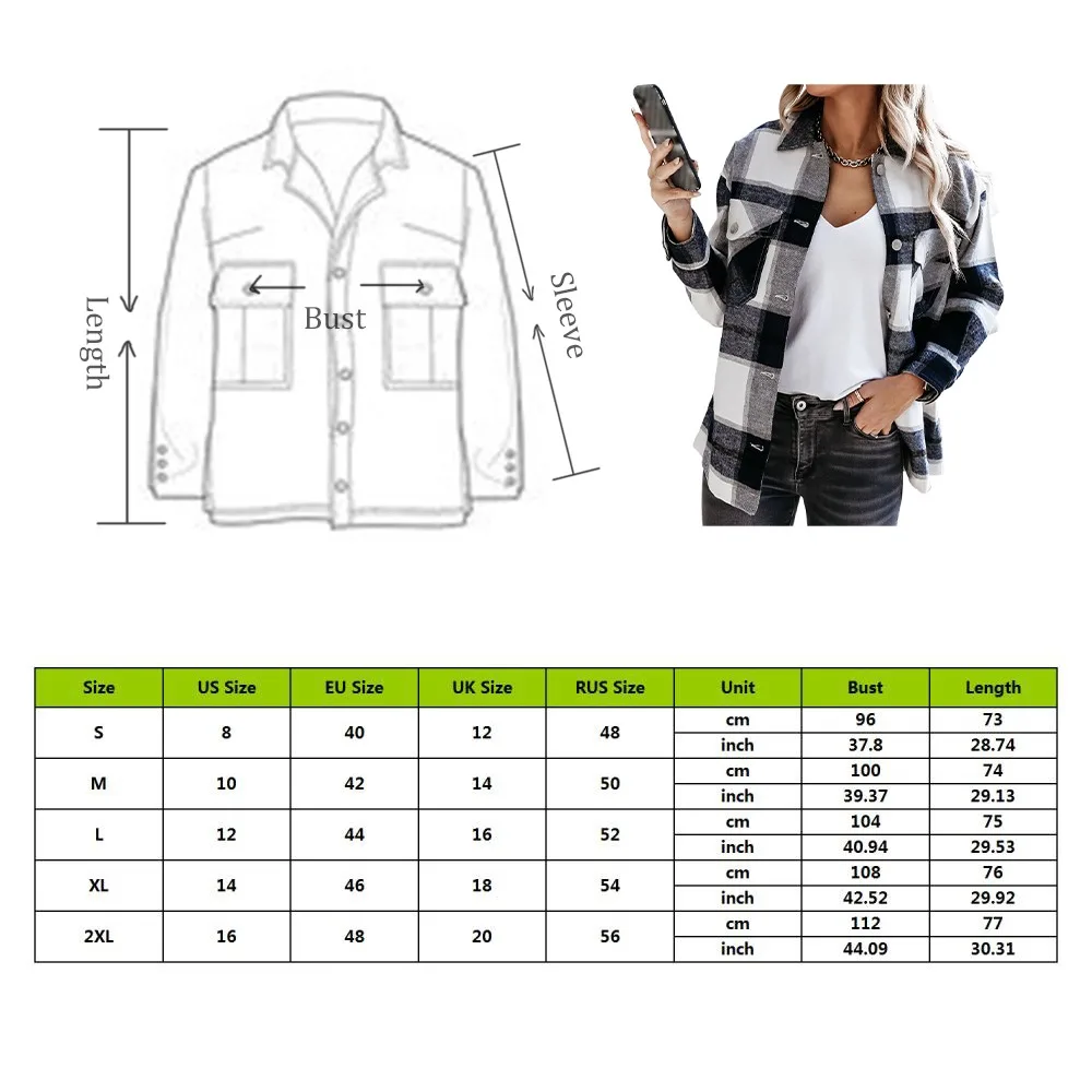 

2021 Hot Women Fashion Plaid Shirt Jackets Turn-down Collar Autumn Oversized Jacket Fashion Loose Coat Streetwear Female Outwear
