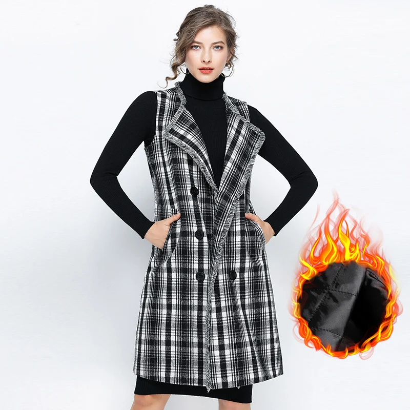 EC.MS шерстяной жилет средней длины в черно белую клетку двубортный толстый хлопок