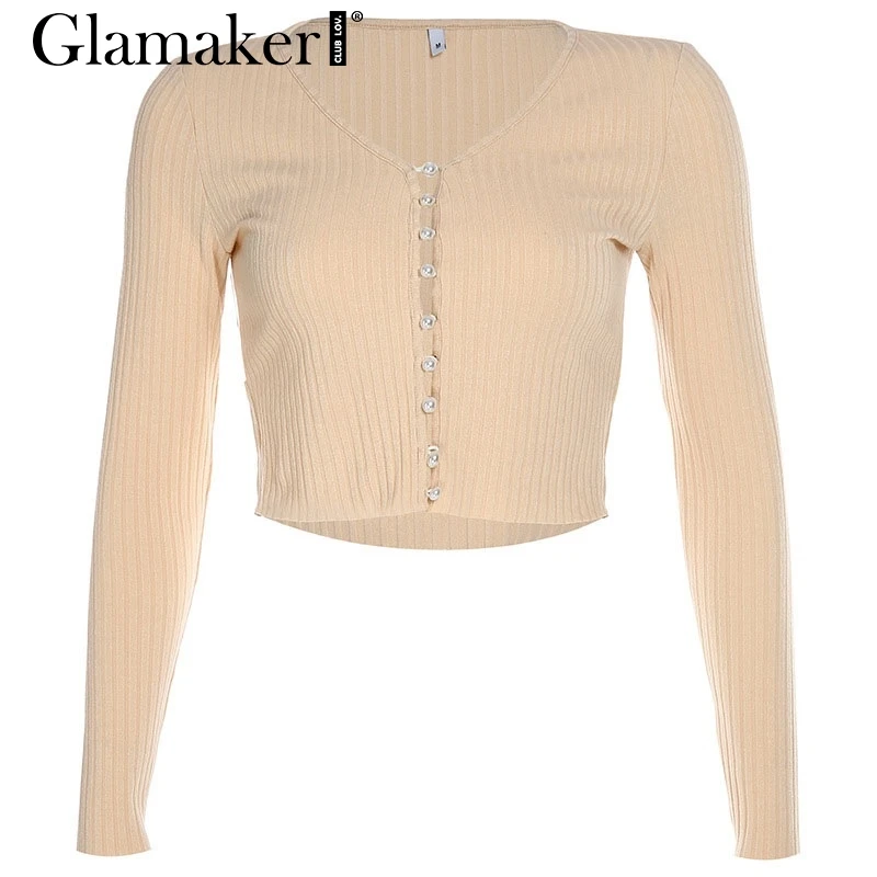 Shallow apricot Glamaker, вязанная короткая блузка с v-образным вырезом, женская элегантная облегающая блуза на пуговицах с длинным рукавом, женские вечерние блузки на осень и зиму - Цвет: Shallow apricot
