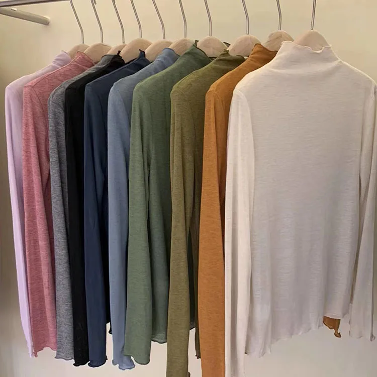 

2021spring and Autumn New Korean Chic Young Style Ruffled Half Turtleneck Slim Dralon Candy Color Bottoming Shirt