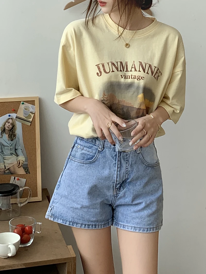 

Casual Summer New Loose Casual Regular Natural Scenery Pattern Letter Printed O-neck Owmen Causal Tees Tops T-shirts