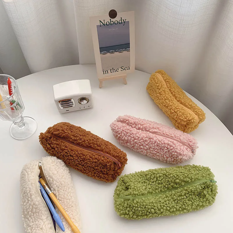 

1Pcs Pencilcase Cute Stationery Storage Bag Nice Gift School Supplies Pure Color Lamb Wool Pencil Bag