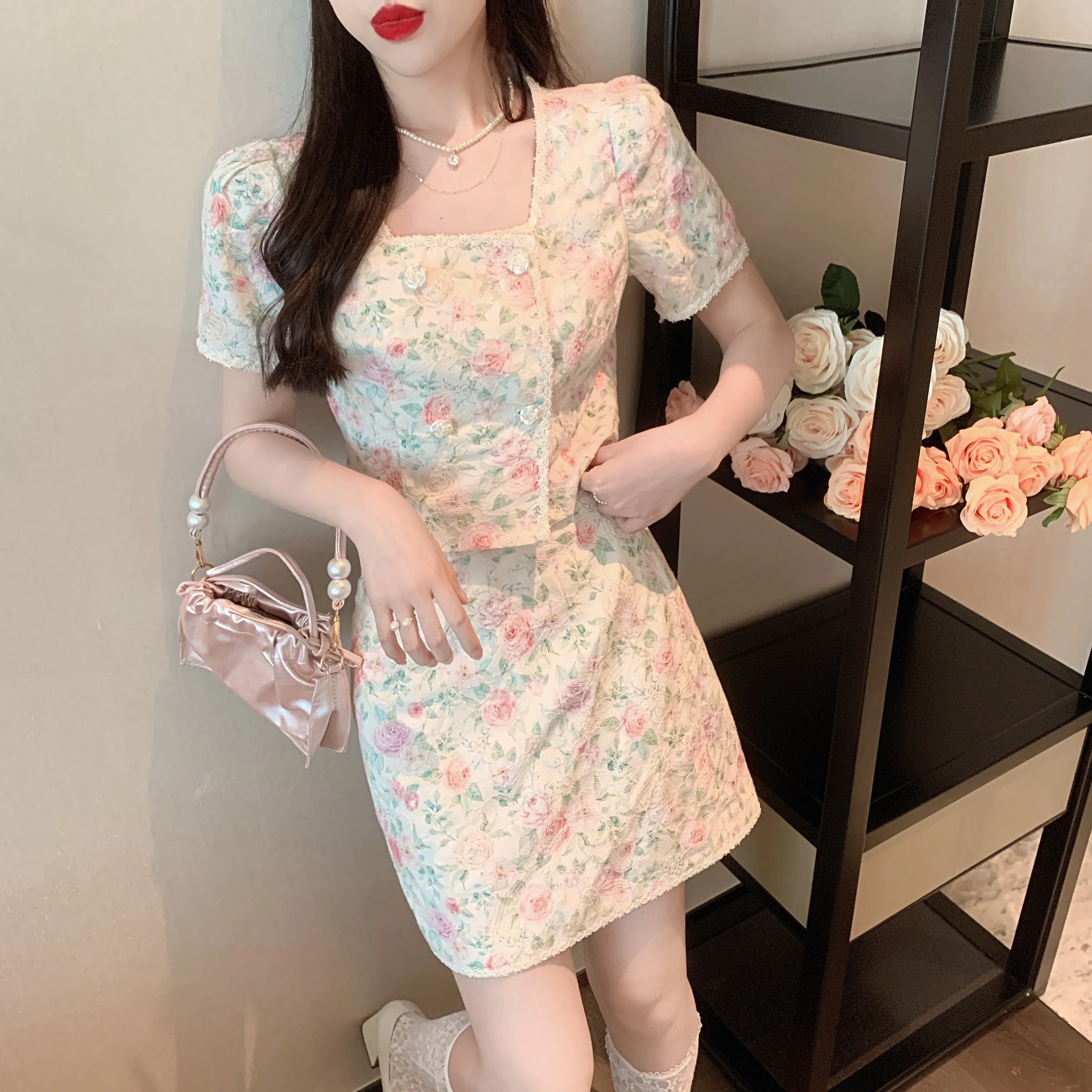 

Sweet Square collar Lace Embroidery Floral Print Flower Button Temperament Crop Tops + Retro Mini A-line Skirt 2 Piece set Women