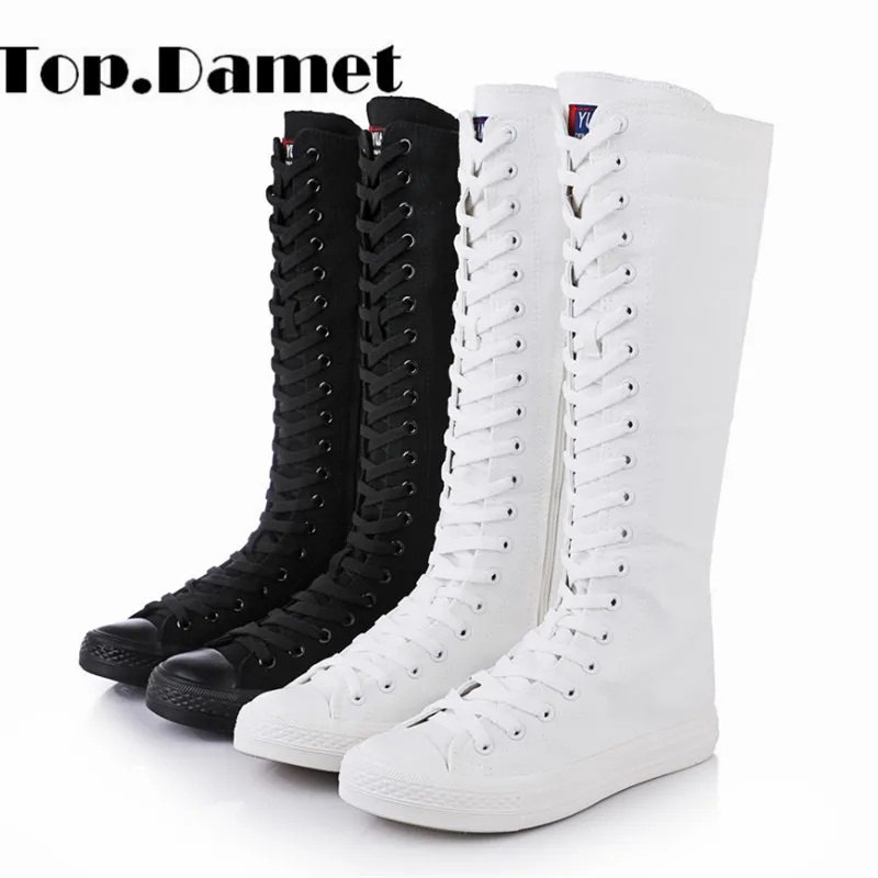 

Top.Damet Woman Long Boots Fashion Lace up Flat Canvas Shoes Spring Autumn Casual Zipper Solid Color Boots Ladies Plus Size