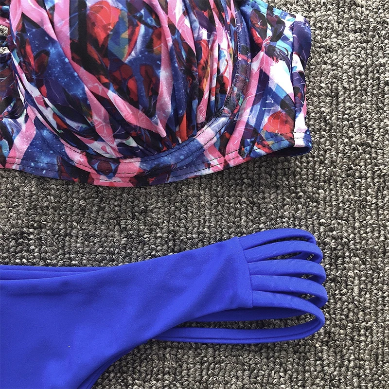 

Fors Blue floral print bikini 2020 mujer Ruffle swimwear women Underwire push up swimsuit women Bandeau halter bathing suit new