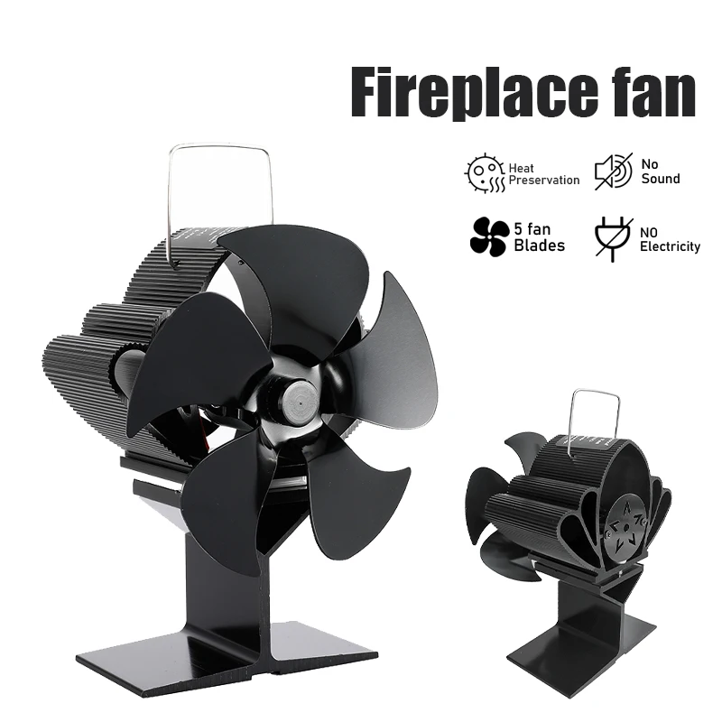 

Black Fireplace Fan 5 Leaf Hot Air Environment Friendly Quiet Indoor Circulation Strong Wind High Temperature Resistant Heater