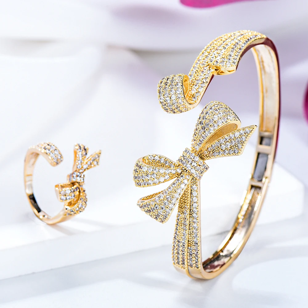 

Jimbora Original Design Luxury Bow Bangle Jewelry For Women Full Micro Cubic Zircon Jewelry Bangle for Women Girls Party 2021