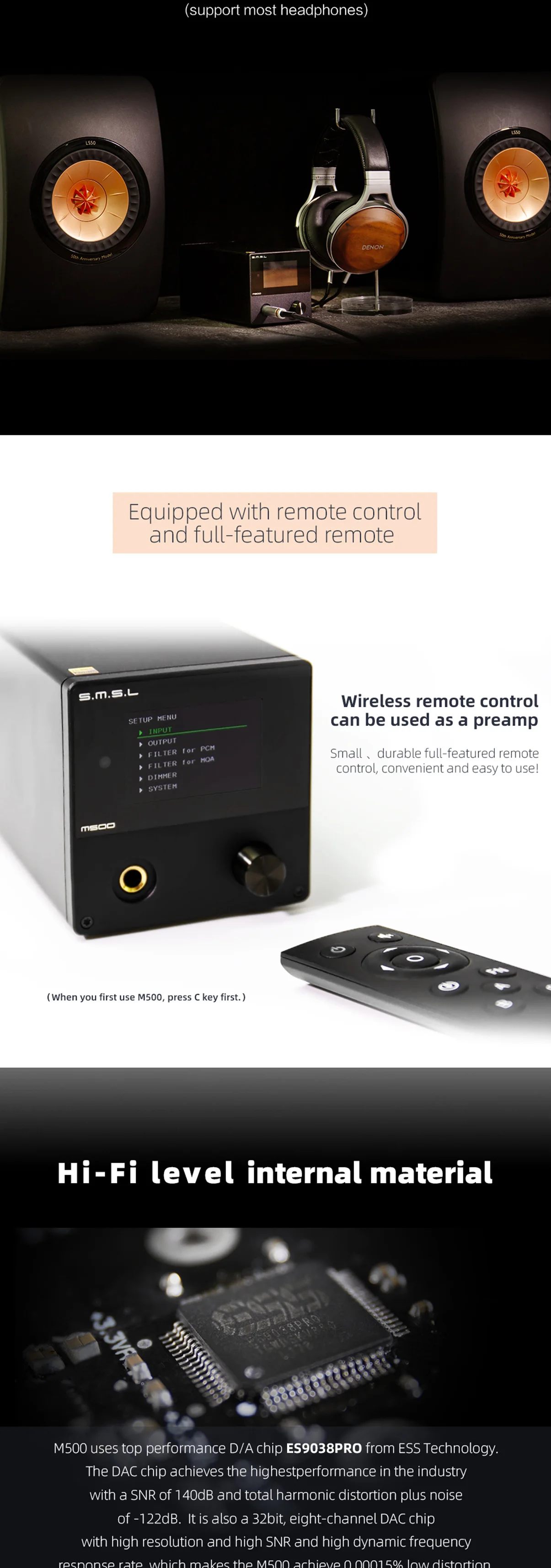 SMSL M500 MQA ЦАП для наушников Расшифровка усилителей USB ЦАП XMOS XU216 ES9038PRO DSD512 32 бит/768 кГц OPA1612 USB/OPT/коаксиальный вход