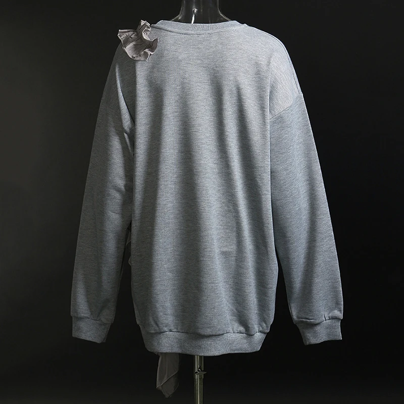 

[EAM] Loose Fit Ruffles Flower Decoration Sweatshirt New O-Neck Long Sleeve Women Big Size Fashion Spring Autumn 2021 1DD3628