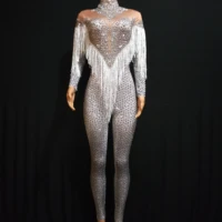 silver rhinestones nude stretch jumpsuit sexy fringes dance bodysuit performance party celebrate stage show costume wear