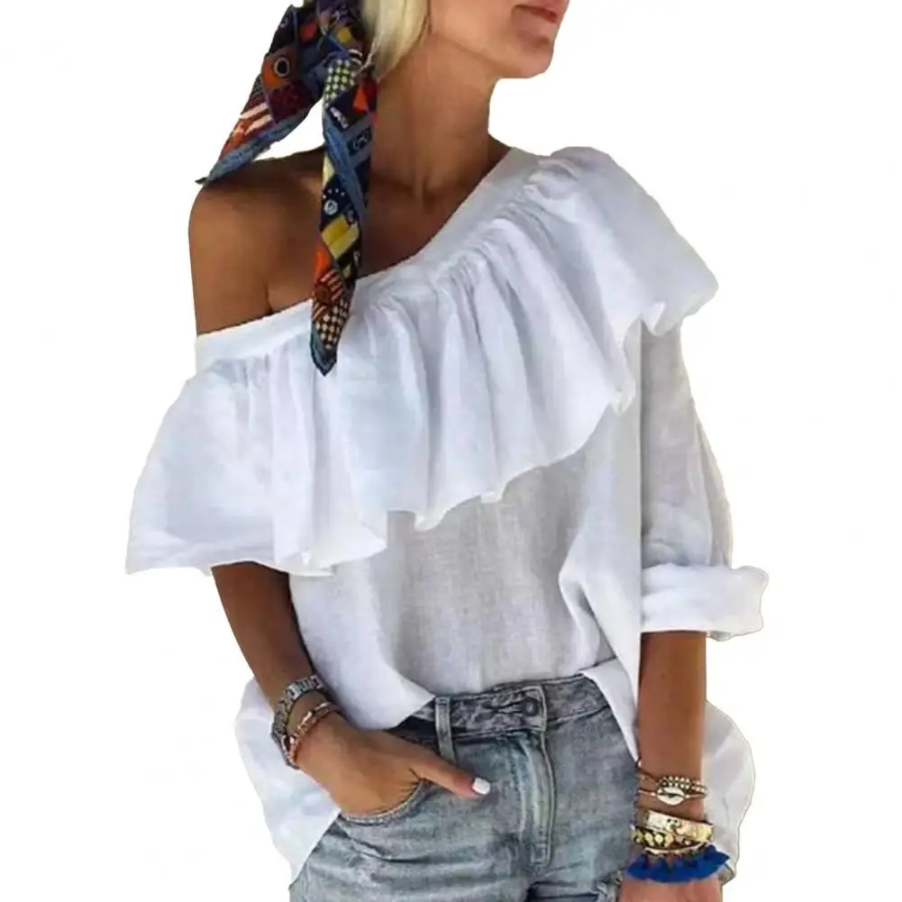 

women's shirt Ruffles Design Oblique Shoulder Women Attractive Casual Off Shoulder Top Lady Sexy Candy color Out-going Crop Tops