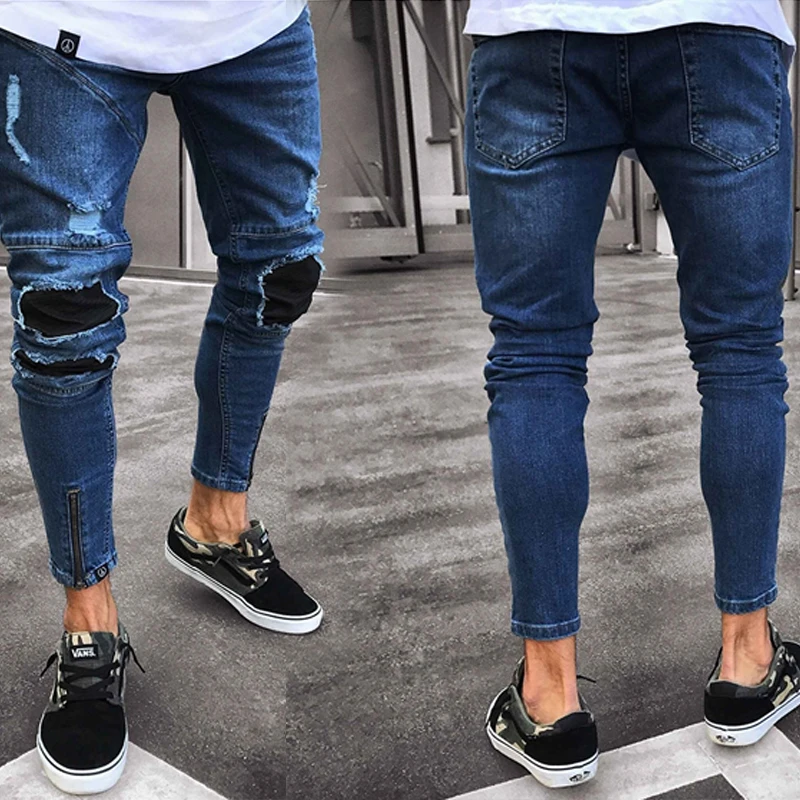 Мужские модные потертые рваные джинсы черные джинсовые облегающие брюки новые