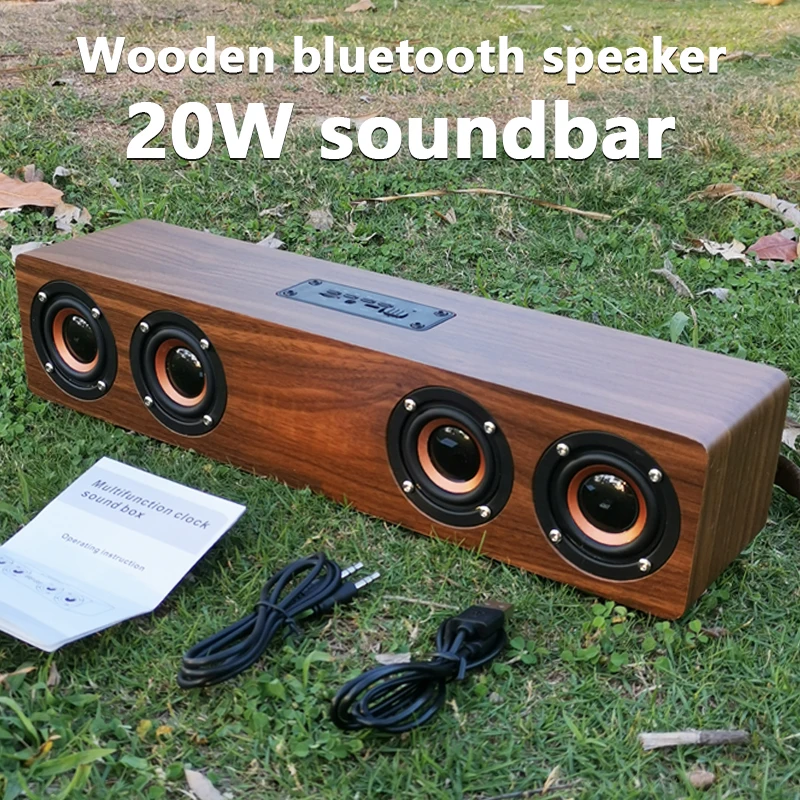 Home Theater Wooden TV Soundbar Wireless Column Bluetooth Speaker Alarm Clock Multi-function Subwoofer for Computer Speakers AUX