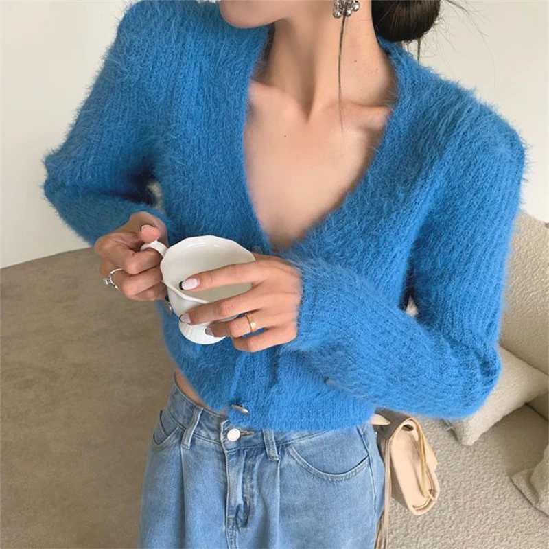 

Autumn sexy V-neck mohair women's sweater solid color short women's knitted cardigan winter fashion Korean base blouse