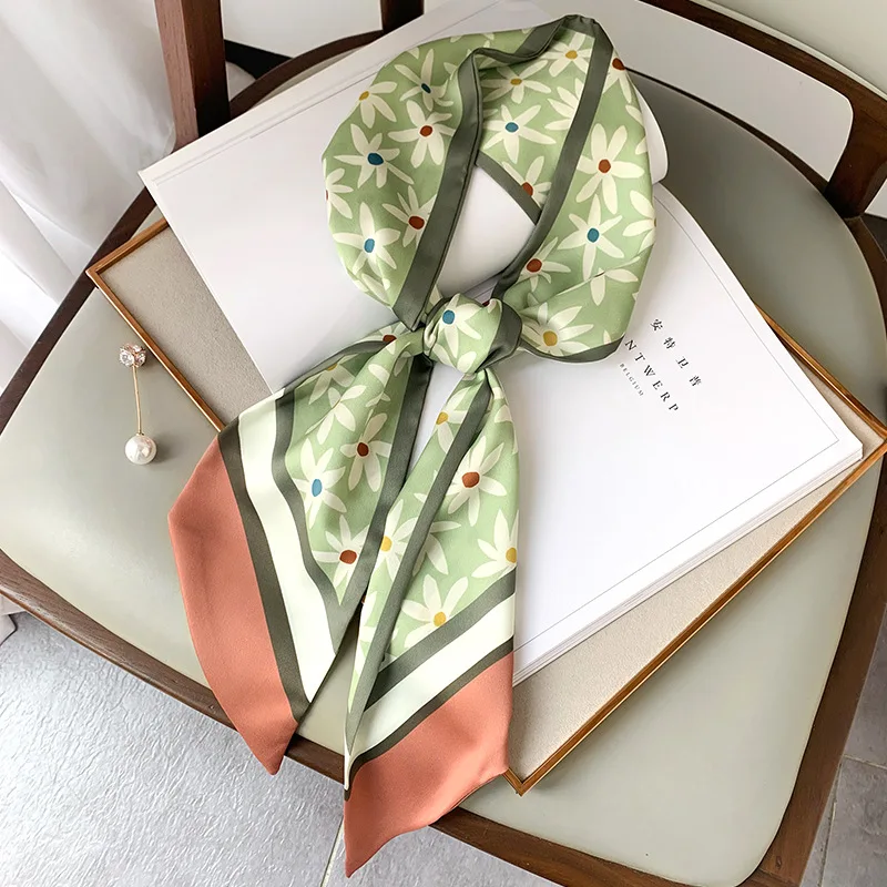 

Female Silk Hair Scarf Elegant Floral Print Neck Scarves Skinny Bag Ribbon Tie Women Foulard Long Collar Band 2021 New