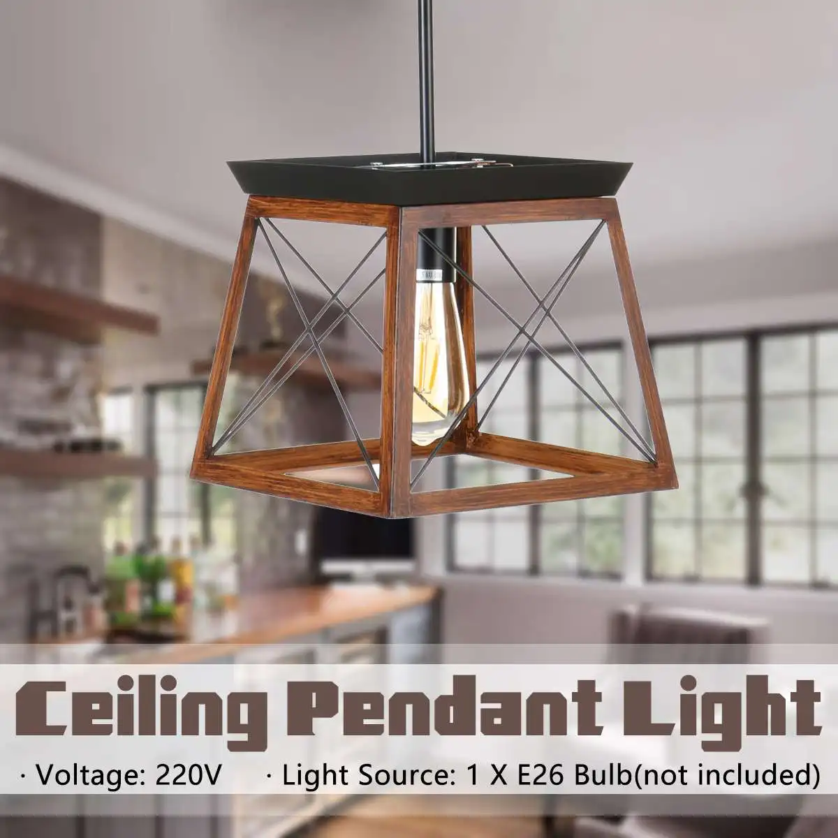 

220V LED Down Light Iron Flush Mount Retro Ceiling Down Light Square Pendant Lamp E26 Black Walkway Kitchen Home Decor Fixture