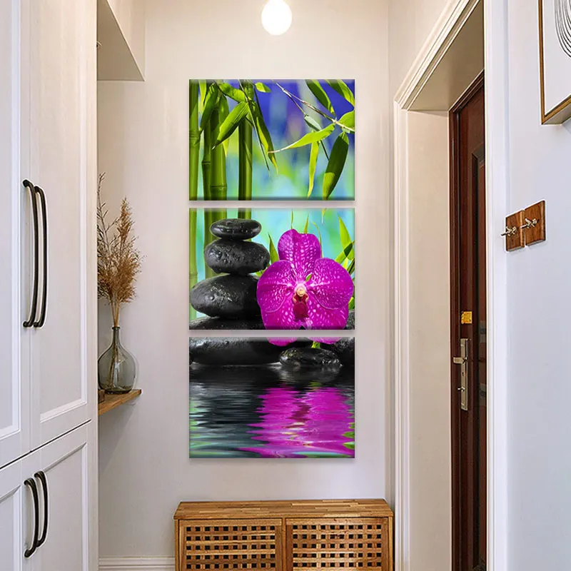 3 шт. зеленые картины Серенити дзен на холсте с рисунком цветов бамбука и камней