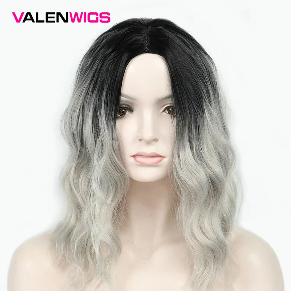 ValenWigs 1" натуральный эффектом деграде(переход от темного к парик коричневый смешанный светлые/Краска для волос, Серебряно-серый средняя часть Волнистые Синтетические волокна парики для Белый Черный Для женщин
