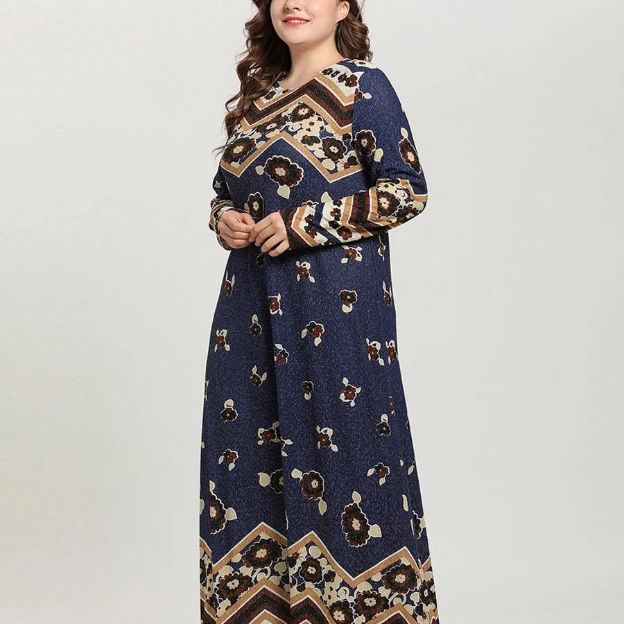 

2021 Muslim Fashion Stretch Plus-size Women's Print Long Sleeve Thin Wavy Temperament All-around Dress Muslim Fashion