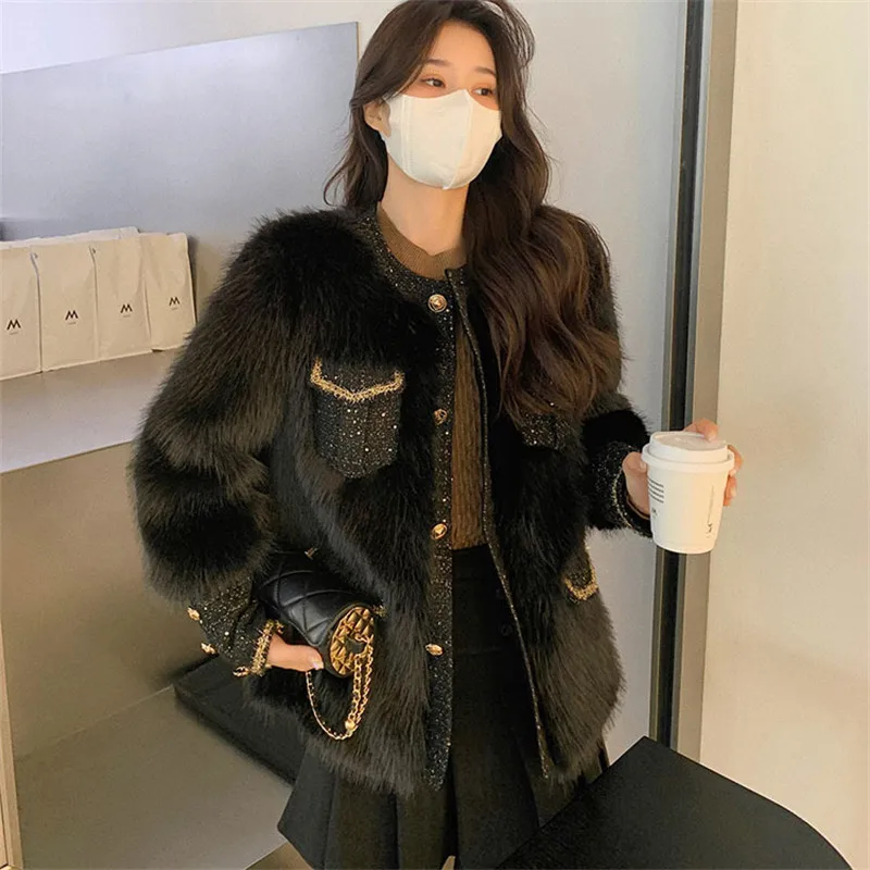 2022 New Winter Luxury Fragrant Breeze Hairy Sequins Fur Coat Women Fashion Streetwear Temperament Single-breasted Jacket LR2301