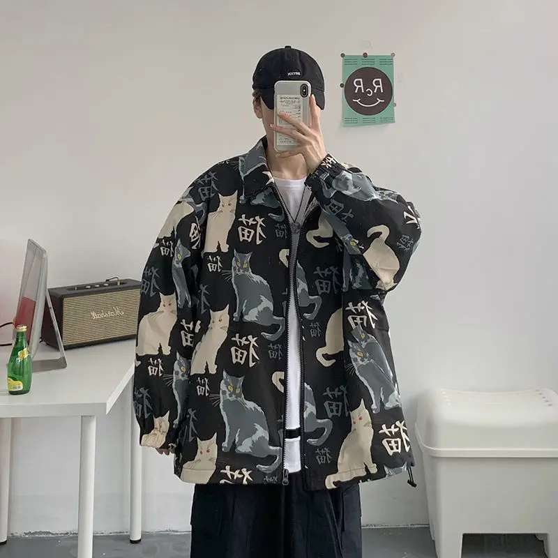 Толстовка с капюшоном и принтом кошки в уличном стиле мужской кардиган