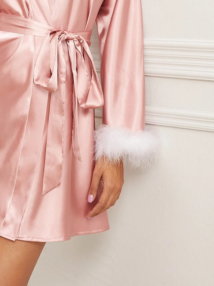 Satin Feather Night Gown Ladies Bathrobe Pink Belted Kimono Gorgeous Bride Bridesmaid Wedding Robes | Женская одежда