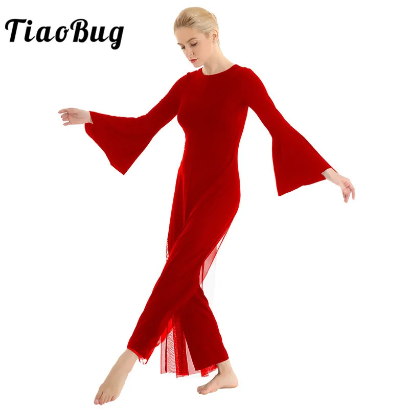 TiaoBug Женская Одежда для танцев с длинными расклешенными рукавами комбинезон балетное трико Сетчатое платье представление современные лирические танцевальные костюмы
