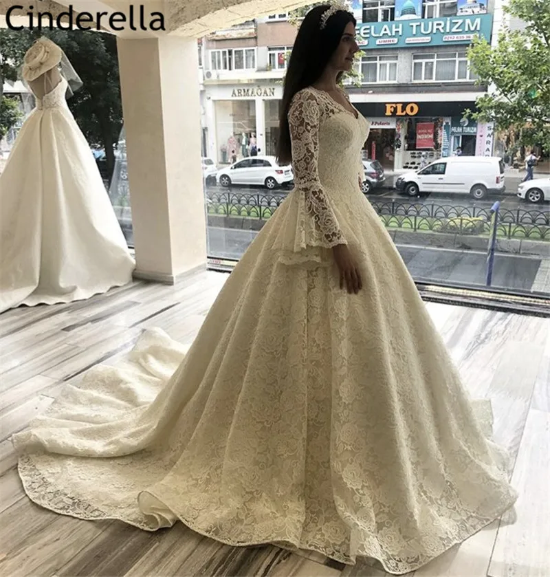 

Кружевные свадебные платья с длинными рукавами, трапециевидные Свадебные платья с коротким шлейфом из тюля, кружевные свадебные платья со ...