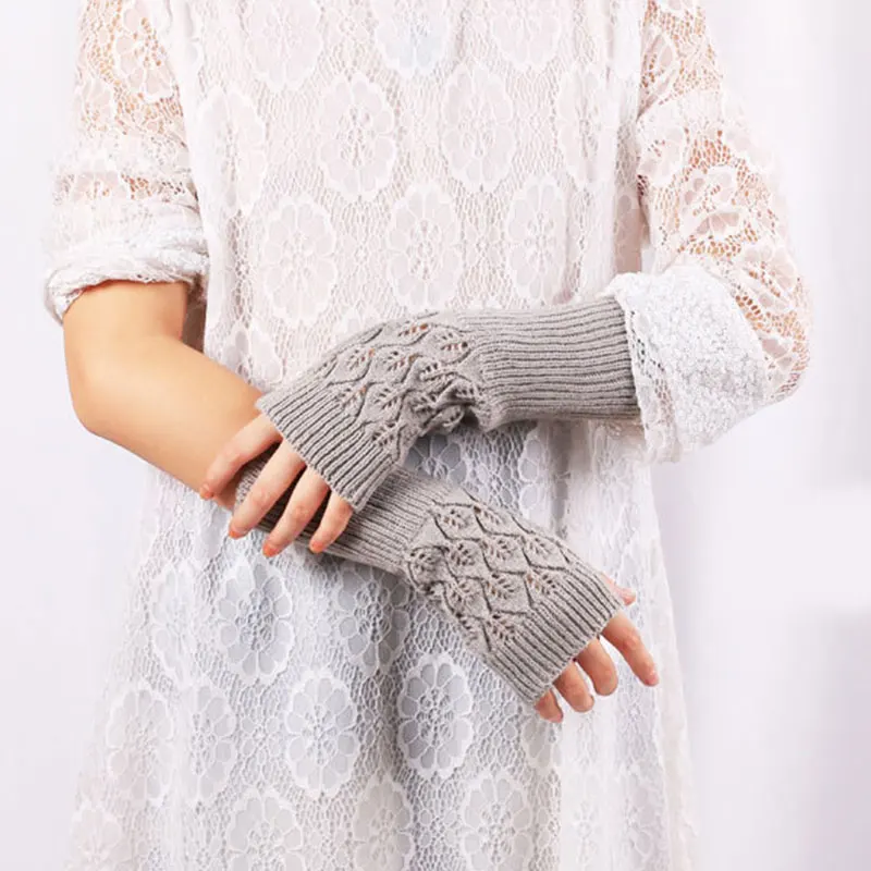 Осенне зимние женские Полые перчатки вязаные удлиненные рукавицы с полым листом