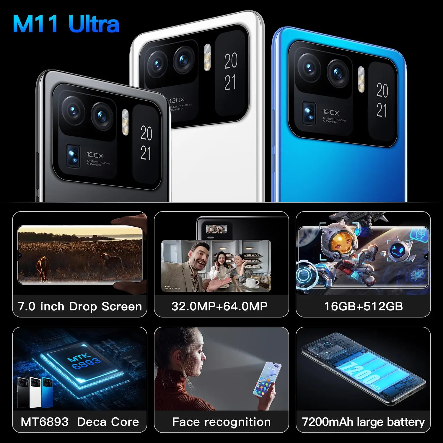 

M11 Ultra 7.0 Inch 16GB+512GB 5G Network Fingerprint ID 7200mAh Smart Phone 32+64MP Dual SIM+Micro SD Global Version Cellphones