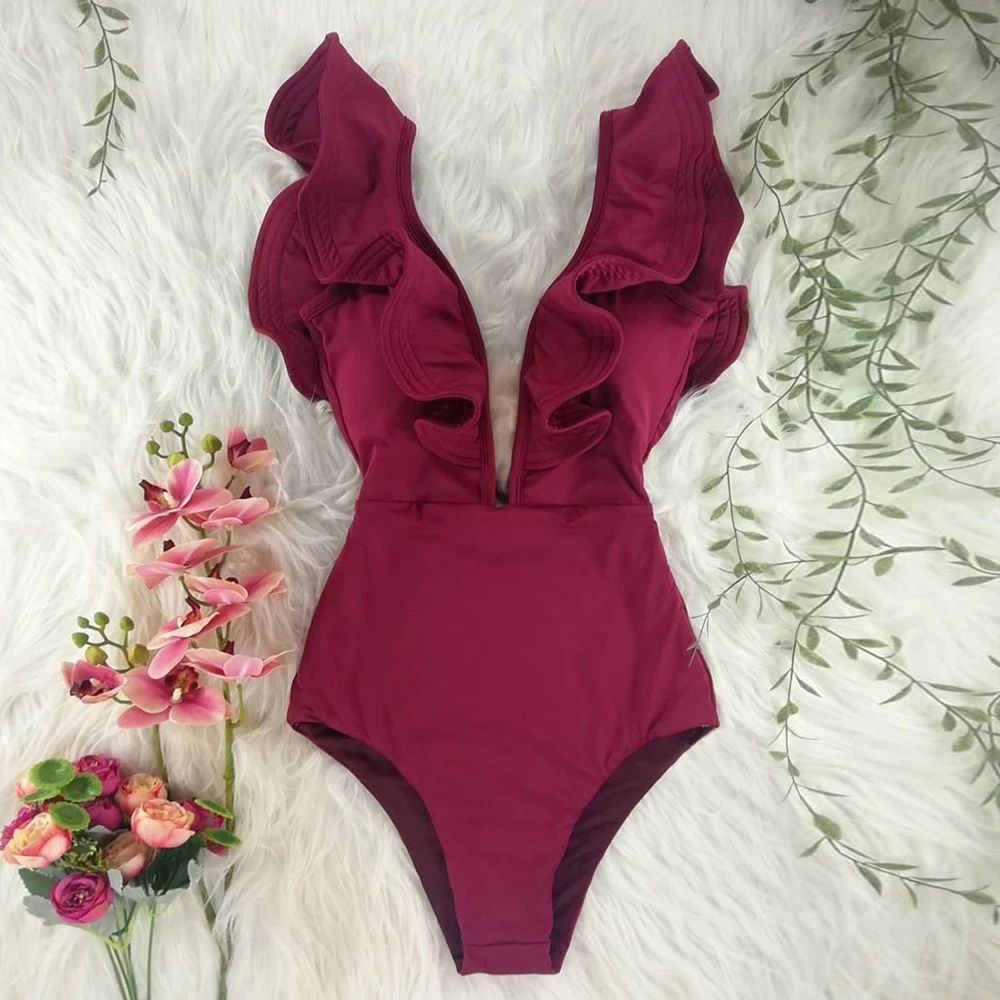 Сексуальный цельный купальник 2020 женский с v-образным вырезом однотонная пляжная