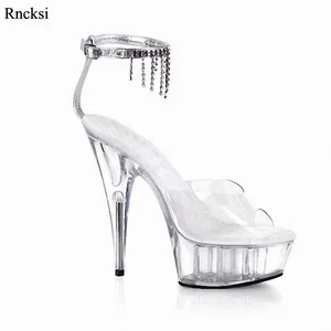 Rncksi Tassel Sexy transparent waterproof platform 15cm high-heeled Straps sandals for spring and summer Party Dance Party Shoes