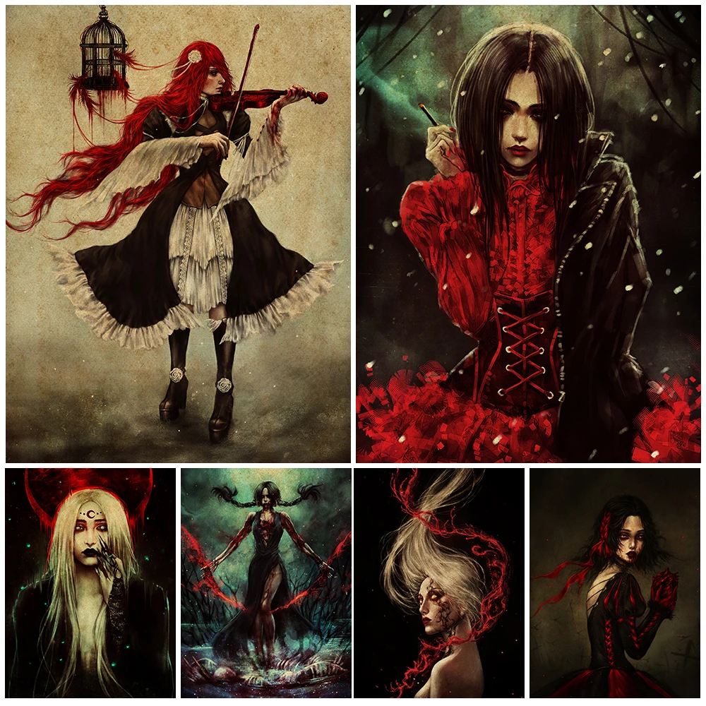 

Violin Playing Witch And The Bloody Girl Of Smoking Gothic Dark Art Print Abstract Horror Witchcraft Poster Print Wall Art Decor