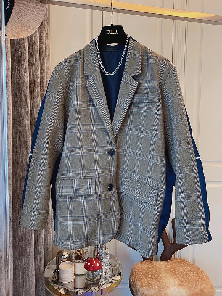 

SuperAen винтажный контрастный цвет клетчатый пэчворк бейсбольная куртка костюм женский Notchded офисные женские свободные повседневные женские ...