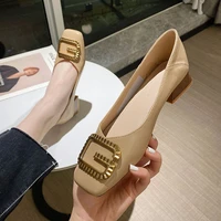 womens genuine leather chunky heel shoes office lady concise pumps party square toe metal buckle beige spring