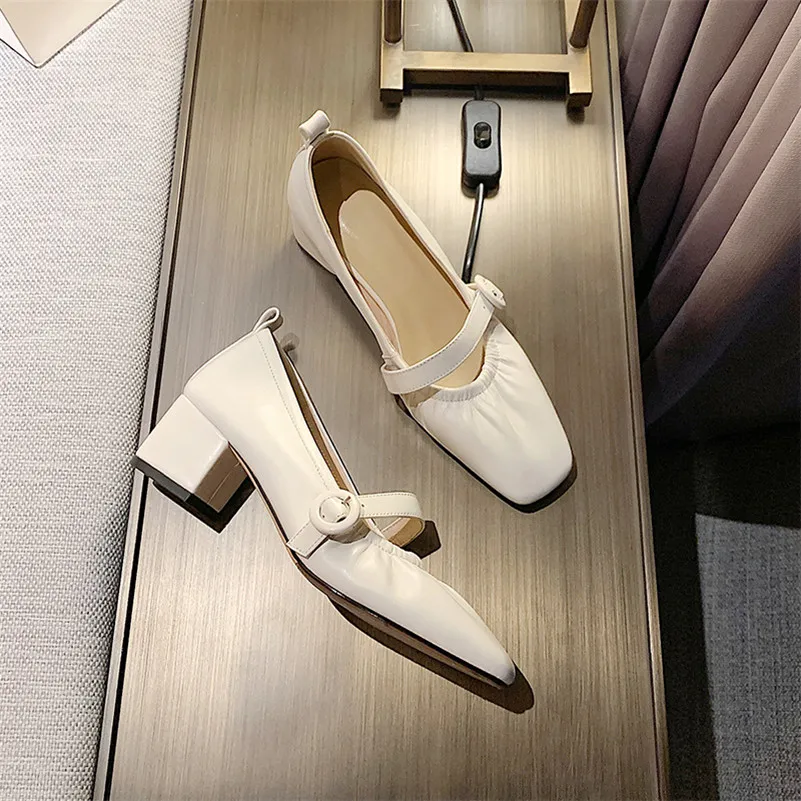 

ANNYMOLI Women Pumps Block Heels Real Leather Mary Janes Shoes Square Toe Buckle Elegant Shoes Female High Heel Footwear 33-40