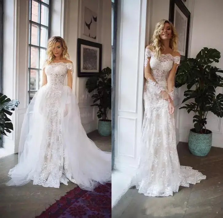 

2019 Detachable Train Lace Wedding Dresses Mermaid Off Shoulder Long Sleeve Plus Size Boho Bridal Gowns vestidos de noiva