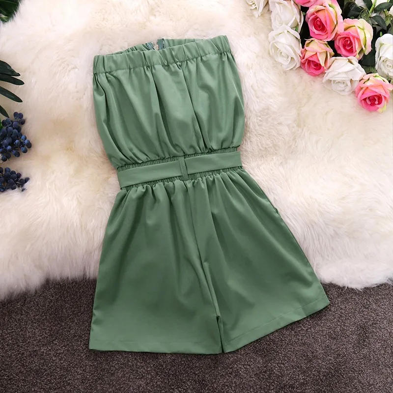 2021 New Women Rompers Summer  Sleeveless Jumpsuit Solid Button Pocket Short Pants Wide Leg Overalls  Strapless Clothes Set